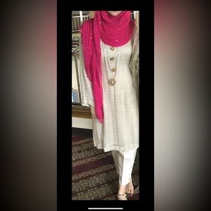Desi Pink and beige chiffon suit with silver kamdani